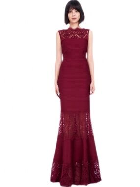 Tadashi Shoji Wine Lace Mermaid Gown Pintuck Jersey Boatneck Dress M